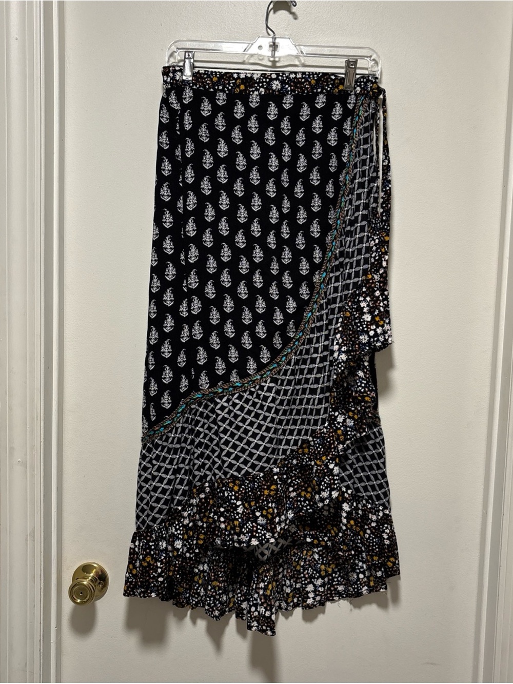 Christian Siriano Black Printed Asymmetrical faux Wrap Maxi Skirt medium